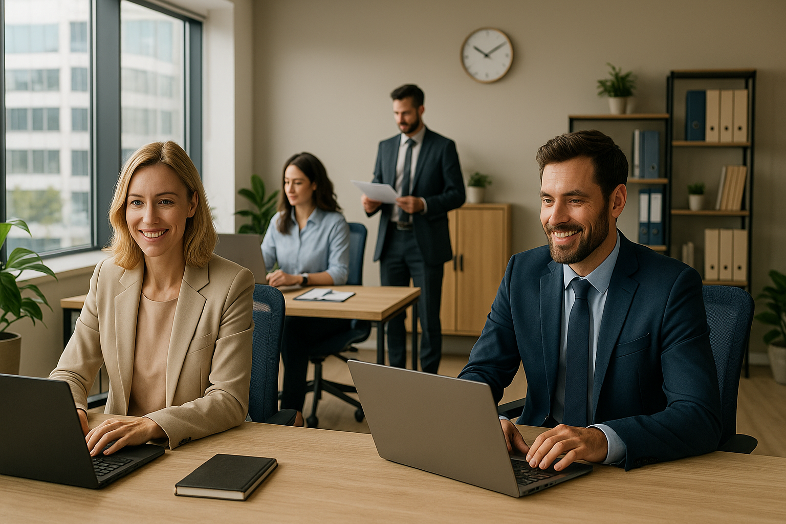 Motivated team collaborating in a modern office